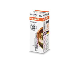 En Osram Original LINE H1 24V 70W halogenpære i sin originale emballage, fremstillet i Tyskland.