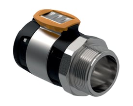 Geberit FlowFit overgang i CrNiMo-stål med 75mm diameter og 2 1/2" udvendigt gevind, vist med sort plastdetalje og orange frigørelsesclip.