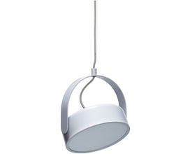 Grå Hübsch Stage loftlampe fritstående mod lys baggrund, set skråt nedefra med rund skærm og bøjle.