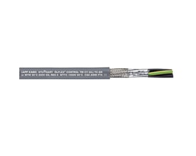 Lapp Olflex Control TM CY 5G2.5 14/5C kabel med grå yderkappe og flettet skærmvises enden med isolerede ledere i sort, brun og grøn/gul.