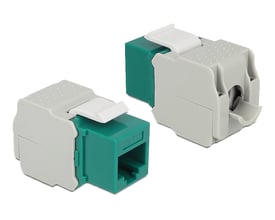 DeLock Keystone-modul RJ45 til Cat.6 UTP netværk, grønne og grå adaptere vist forfra og bagfra.