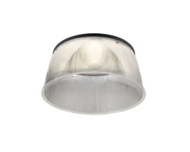 Sidevisning af SLV Highbay C 340 PD, sort, med detaljeret kig på den ribbede klare lysspreder og integrerede lyskilde.
