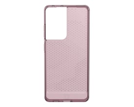 Gennemsigtigt lyserødt Urban Armor Gear Lucent cover til Samsung Galaxy S21 Ultra med mikrodotmønster, der viser telefonens kamerahul.
