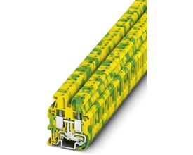 Phoenix Contact MUT 2,5-PE mini-jordklemme med skruetilslutning i grøn/gul. Viser en række klemmer monteret på en NS 15 skinne, med detaljeret udseende af tilslutningspunkterne.