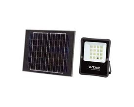 V-TAC 200W LED solar projektør og solcellepanel side om side på hvid baggrund.