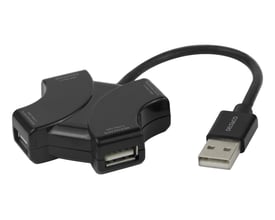 Sort Deltaco USB-A hub med fire porte og indbygget kabel, isoleret på hvid baggrund med tekniske detaljer.