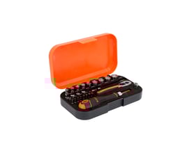 Bahco 1/4" topnøglesæt med 34 dele, inklusiv toppe, bits og skraldenøgle i åben orange og sort kasse med sort skumindlæg.