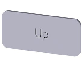Siemens mærkningsplade til labelholder, 12.5x27mm, sølv med sort skrift 'Up' på en grå baggrund.