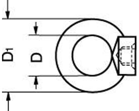 Teknisk tegning af M6 A4 DIN 582 øjemøtrik med dimensioner og markeringer, viser en del af gevind og øjet.