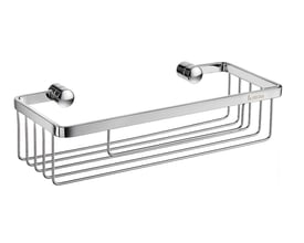 Smedbo Sideline sæbekurv i poleret krom, fremstillet af massiv messing med dimensionerne 250 x 110 mm.