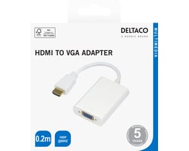 Emballagen viser en hvid Deltaco HDMI-til-VGA-adapter med kort kabel på 0,2 meter.