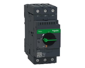 Nærbillede af Schneider Electric kortslutningsudløser GV3L32, 32A, med fokus på drejekontakt og tydelig mærkning for ON, OFF og TEST.