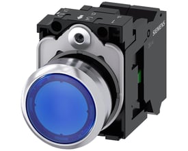 Siemens Sirius Act trykknap, 22mm, ru metal, høj, blå, med 1 NO kontakt og fjederklemme, integreret LED 230V AC.