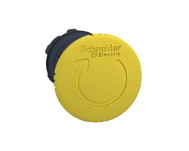 Schneider Electric Harmony Style 5 paddetryk i gul med tryk-drej funktion, Ø40mm, med synligt logo på en hvid baggrund.