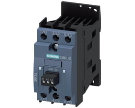 Siemens 3RF3 solid-state kontaktor med 3,8A og 48-480V, vist fra siden med mærkater for tilslutninger og 24V DC styring.