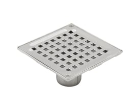 BLÜCHER SQUARE afløbsskål i rustfrit stål, vist fra siden med 50 mm lodret udløb og 145x145 mm ramme.