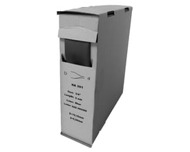 Raychem krympeflex i en papdispenserboks med mærkning for størrelse og farve, produktet er ikke synligt.