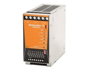 Weidmüller CP DC UPS 24V 20A/10A kontrol modul med skrueterminaler og LED-indikatorer på den orange frontplade.
