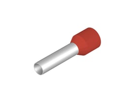 Et enkelt rødt terminalrør fra Weidmüller med isolerende plastkrave, vist fra siden. Materiale: kobber med tinbelægning.