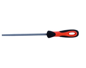 Overbliksbillede af Bahco rund rasp, 200 mm, med 9 mm diameter og mellem hugning, vist med ergonomisk håndtag.