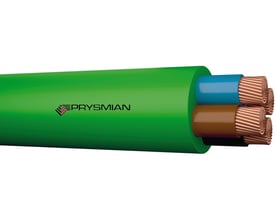 Prysmian Afumex RZ1-K installationskabel 4x16mm² i grøn halogenfri kappe med kobberledere synlige. På kappen ses Prysmian logo.
