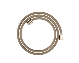 Hansgrohe håndbruserslange på 1,6 meter i bronze, snoet design, vist i en cirkulær form på hvid baggrund.