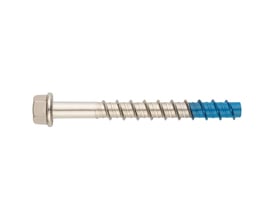 Betonskrue 10 x 70 mm i A4 med sekskantet hoved og flange, set fra siden med blå spids.