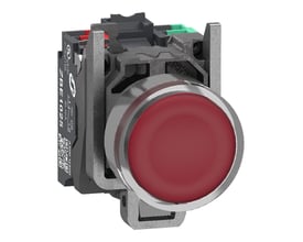 Schneider Electric lampetryk med rød trykflade og metalring, 24V 1NO+NC med push-in terminaler og synlig mærkning.