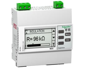 Detaljeret visning af Schneider Electric Vigilohm IM10, med fokus på displayet, knapperne og de grønne skrueterminaler på toppen af enheden.