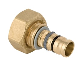 Geberit Mepla-forskruning til fordelerrør, 20 mm x 3/4", vist skråt med sekskantet omløber og gylden overflade.