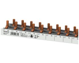 Siemens PIN samleskinne 16mm² med 10 mm² tilslutning, viser kobberterminaler og mærkning for faser og nul.