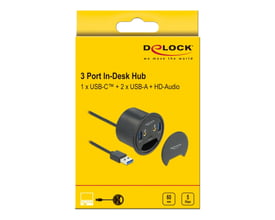 DeLock 3-ports in-desk USB hub med 1 USB-C, 2 USB-A og HD-audio, vist på gul baggrund med produktinformation og tilslutningskabel.