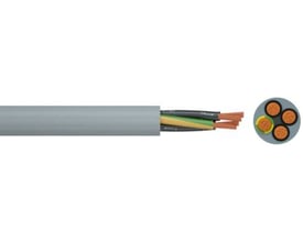 Styrekabel 2x1,0 YSLY-OZ, 100 ring med isolerede kobberledere i grå PVC-kappe og tværsnit visende tre ledere.