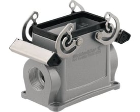 Weidmüller HDC industristik sokkelhus i størrelse 4, med 2xPG21 gevind og 2 låsebøjler, fremstillet i gråt metal.