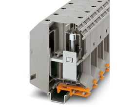 Phoenix Contact UKH 240 stærkstrømsklemme i grå med skruetilslutning, viser indvendig mekanisme og montering på skinne.