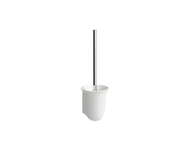 Fritstående hvid Laufen The New Classic toiletbørste med holder og stålskaft, isoleret på hvid baggrund.