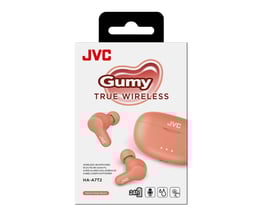 JVC Gumy True Wireless øretelefoner i pink, vist i deres originale emballage med produktnavn og specifikationer tydeligt fremhævet.
