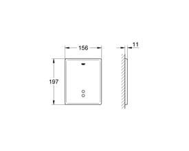 Teknisk tegning af Grohe Tectron Skate betjeningsplade med dimensioner 156x197mm og dybde 11mm, vist monteret på en væg.