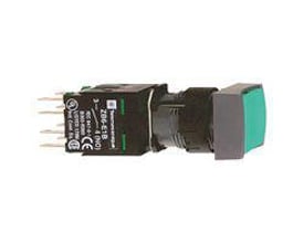 Schneider Electric XB6DA31B trykknap med rektangulært, grønt tryk og grå frontring monteret på sort baggrund.