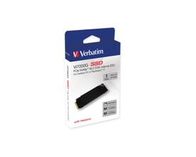 Emballagen til Verbatim Vi7000G intern PCIe NVMe M.2 SSD med sort køleprofil og 1 TB kapacitet.