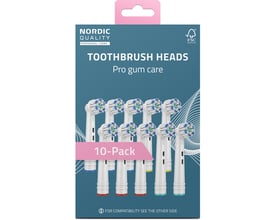 Nordic Quality EB60P Pro Gum Care tandbørstehoveder 10-pak præsenteret i en mørkeblå æske med tandbørstehovederne arrangeret foran.