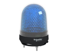 Blå Schneider Electric XVR3 signallampe med indbygget buzzer og indstillingsdisplay, vist med monteringsbeslag.