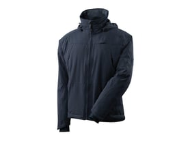 Mascot vinterjakke i mørk marine, 4XL, vist fra siden med fokus på lynlåsdetaljer og ergonomisk formede ærmer.