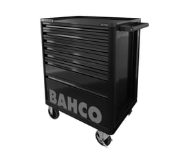 Tættere billede af den sorte Bahco værktøjsvogn med 7 skuffer, med fokus på skuffernes udseende og Bahco logoet.