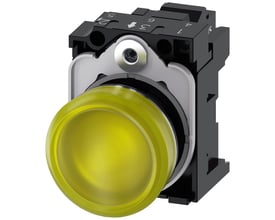 Siemens 22mm rund signallampe i metal med gul linse og integreret LED-modul.