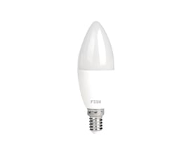 FESH Smart Home LED kertepære, E14, 5W, hvid med en mat overflade på pærehuset og et detaljeret billede af soklen.