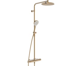 ORAS Optima Style Rain brusersystem i bronze med rund hovedbruser, håndbruser og termostatarmatur set forfra.