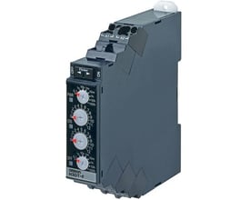 Omron H3DT-F timer til DIN-skinne montage med 17,5 mm bredde, der viser tre justeringsskiver og push-in terminaler til tilslutning.