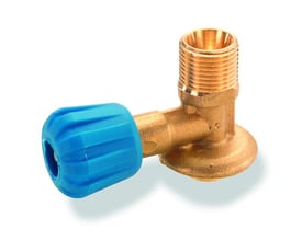 Detalje af Aga tilslutningsventil, messing med blå drejeknap, tydelig visning af 3/8" slangegevind og 5/16" tilslutning.