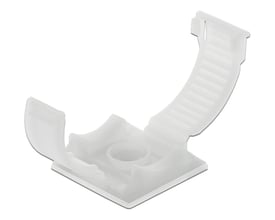 Delock kabelholder i hvid plast med låseclips og selvklæbende bund, velegnet til skruemontering.